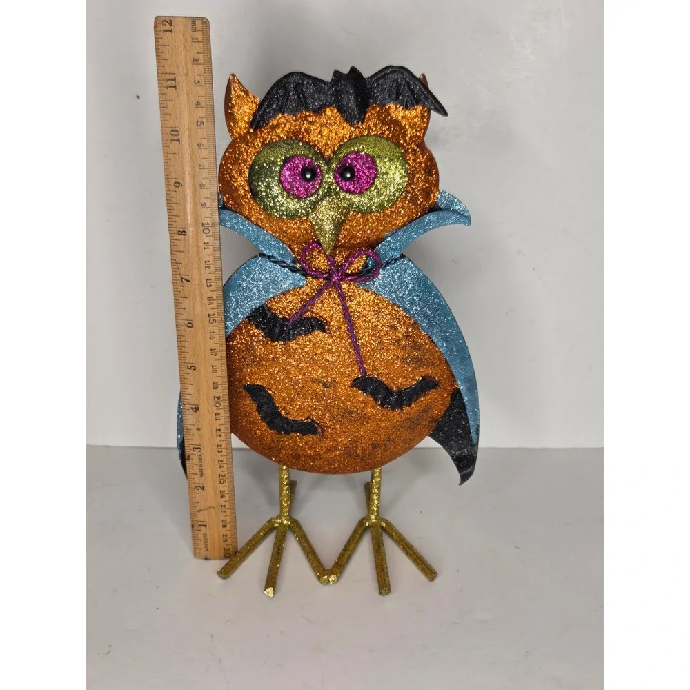 Halloween Vampire Owl Metal Glitter Tabletop Figurine Blue Cape Bat Decor 11.5in